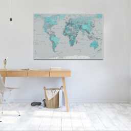 World Map High-Resolution Detailed Wall Art, Teal, Hangings, Home Decor, Mounted Canvas Print Ready To Hang - thumbnail 3