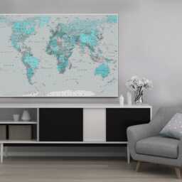 World Map High-Resolution Detailed Wall Art, Teal, Hangings, Home Decor, Mounted Canvas Print Ready To Hang - thumbnail 2