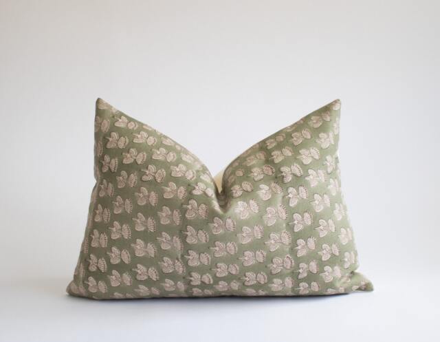 Sage Green Linen Lumbar Pillow Cover Hand Block Print Floral Cushion - Quinn