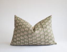 Sage Green Linen Lumbar Pillow Cover Hand Block Print Floral Cushion - Quinn - thumbnail 1