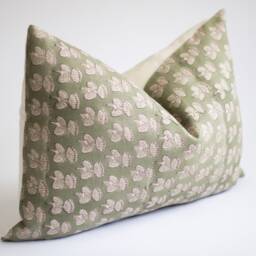 Sage Green Linen Lumbar Pillow Cover Hand Block Print Floral Cushion - Quinn - thumbnail 3