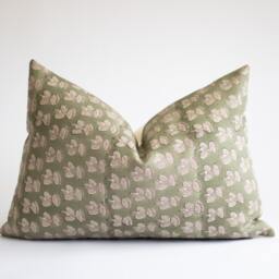 Sage Green Linen Lumbar Pillow Cover Hand Block Print Floral Cushion - Quinn - thumbnail 2