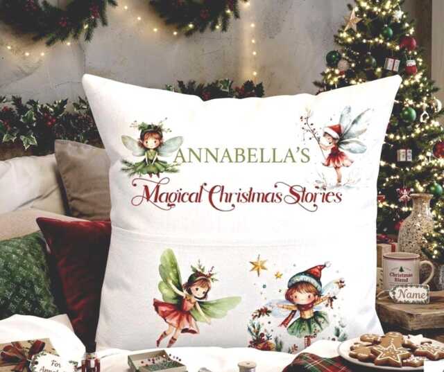 Personalised Christmas Fairy Pocket Pillow Case, Kids Book Cushion Cover, Magical Stories Girls Gift - image 1