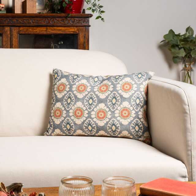 Mandala Motif Linen Print Boudoir Cushion Cover in Cornflower Blue. Linen-Blend Block-Print Design Blue, Burnt Orange & Ivory. 17x12 - image 1