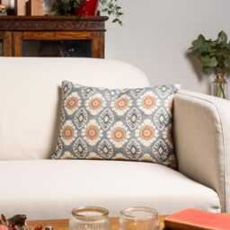 Mandala Motif Linen Print Boudoir Cushion Cover in Cornflower Blue. Linen-Blend Block-Print Design Blue, Burnt Orange & Ivory. 17x12