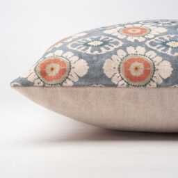 Mandala Motif Linen Print Boudoir Cushion Cover in Cornflower Blue. Linen-Blend Block-Print Design Blue, Burnt Orange & Ivory. 17x12 - thumbnail 2
