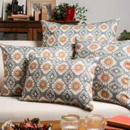Mandala Motif Linen Print Boudoir Cushion Cover in Cornflower Blue. Linen-Blend Block-Print Design Blue, Burnt Orange & Ivory. 17x12 - thumbnail 3