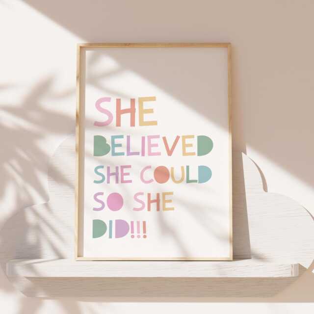 She Believed Could So Did Print, Girls Bedroom Decor, Affirmation Pastel, Wall Art, Home Playroom, Rainbow - image 1