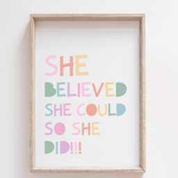She Believed Could So Did Print, Girls Bedroom Decor, Affirmation Pastel, Wall Art, Home Playroom, Rainbow - thumbnail 2