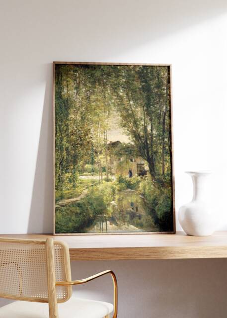Country Oil Painting Vintage Print, Landscape With A Sunlit Stream Reproduction, Modern Farmhouse Art, Printable Wall Summer - image 1