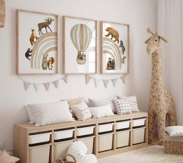 Woodland Animal Prints Set Beige Rainbow Nursery Decor - image 1