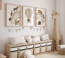 Woodland Animal Prints Set Beige Rainbow Nursery Decor - thumbnail 1