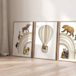 Woodland Animal Prints Set Beige Rainbow Nursery Decor - thumbnail 2