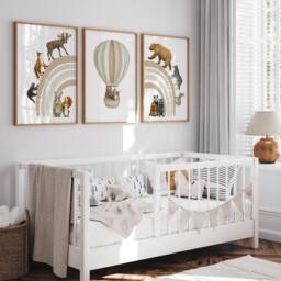 Woodland Animal Prints Set Beige Rainbow Nursery Decor - thumbnail 3