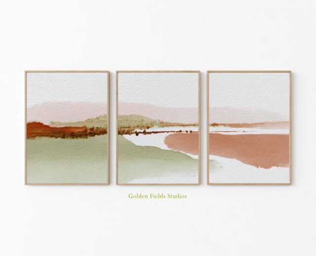 Abstract Earth Tone Prints, Set Of 3 Minimalist Landscape Art, Terracotta Green Wall Decor, Modern Farmhouse Triptych, Boho Living Room Art - image 1