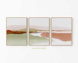 Abstract Earth Tone Prints, Set Of 3 Minimalist Landscape Art, Terracotta Green Wall Decor, Modern Farmhouse Triptych, Boho Living Room Art - thumbnail 1