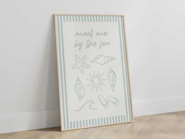 Meet Me By The Sea Print - Beach Coastal Typography Quote Poster Blue Shell Hand Drawn Wall Art Seashell Ocean Waves Unframed - image 1