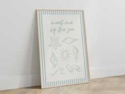 Meet Me By The Sea Print - Beach Coastal Typography Quote Poster Blue Shell Hand Drawn Wall Art Seashell Ocean Waves Unframed - thumbnail 1