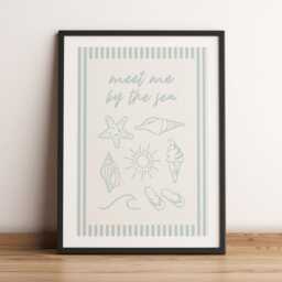 Meet Me By The Sea Print - Beach Coastal Typography Quote Poster Blue Shell Hand Drawn Wall Art Seashell Ocean Waves Unframed - thumbnail 2