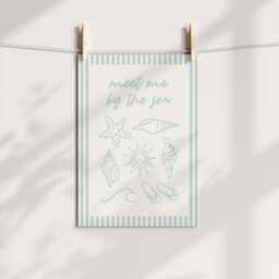 Meet Me By The Sea Print - Beach Coastal Typography Quote Poster Blue Shell Hand Drawn Wall Art Seashell Ocean Waves Unframed - thumbnail 3