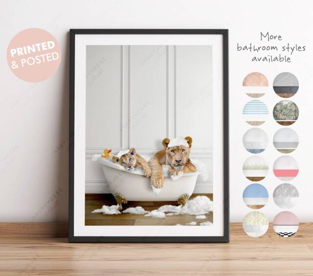 Lioness With Cub in Bath Tub Print, Lions Bathing, Funny Bathroom Animal Bathtub, Lion Tub, Whimsy - image 1