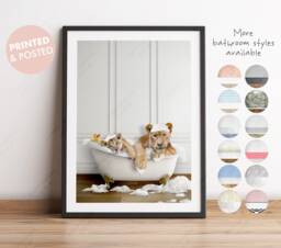 Lioness With Cub in Bath Tub Print, Lions Bathing, Funny Bathroom Animal Bathtub, Lion Tub, Whimsy - thumbnail 1