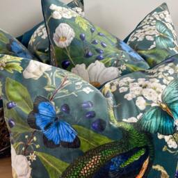 Peacock Italian Velvet Cushion Cover Green Teal White Yellow Blue Butterfly Floral Botanical - thumbnail 3