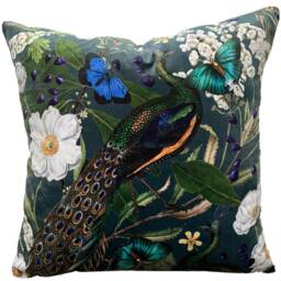 Peacock Italian Velvet Cushion Cover Green Teal White Yellow Blue Butterfly Floral Botanical - thumbnail 1
