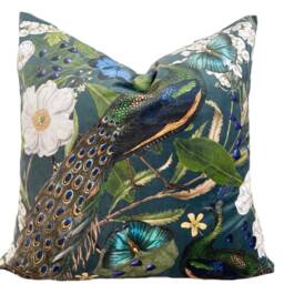 Peacock Italian Velvet Cushion Cover Green Teal White Yellow Blue Butterfly Floral Botanical - thumbnail 2