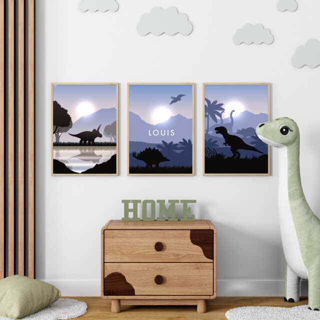 Dinosaur Boys Bedroom Prints, Set Of 3 Silhouette Landscape Dino Prints For Nursery Wall Art, Personalised Prints - image 1