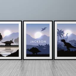Dinosaur Boys Bedroom Prints, Set Of 3 Silhouette Landscape Dino Prints For Nursery Wall Art, Personalised Prints - thumbnail 3