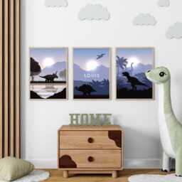 Dinosaur Boys Bedroom Prints, Set Of 3 Silhouette Landscape Dino Prints For Nursery Wall Art, Personalised Prints - thumbnail 1