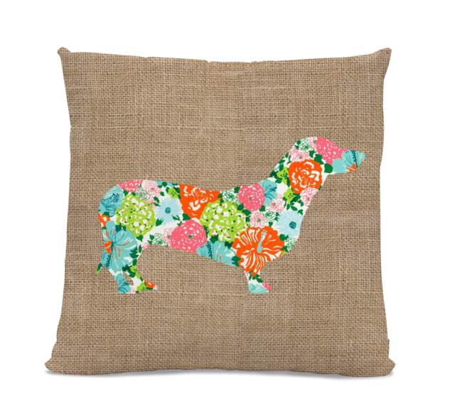 Floral Dachshund Pillow - Silhouette Dog Home Decor Doxie Home Decor Burlap Look - image 1