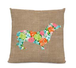Floral Dachshund Pillow - Silhouette Dog Home Decor Doxie Home Decor Burlap Look - thumbnail 1