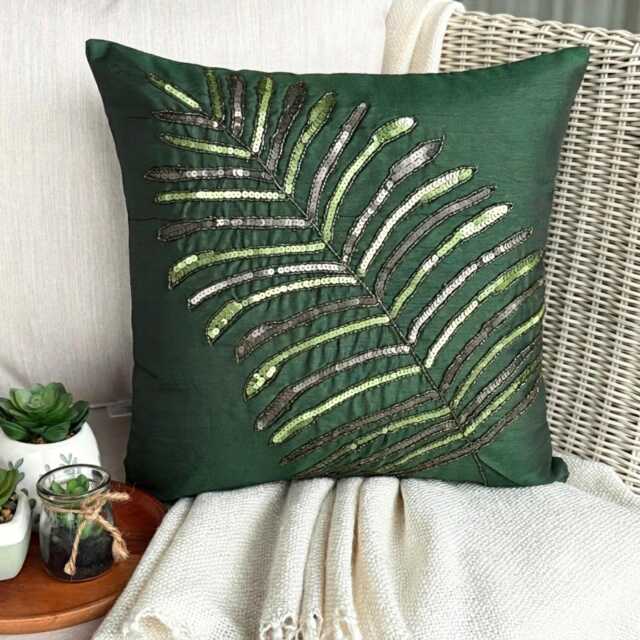 "Dark Green Art Silk Sequin Leaf Pillow Sham 24""x24""/26""x26" - image 1