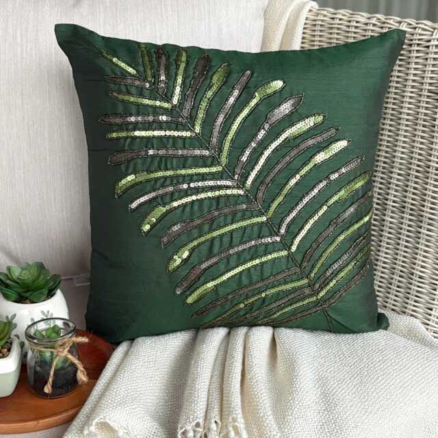 "Dark Green Art Silk Sequin Leaf Pillow Sham 24""x24""/26""x26" - image 1