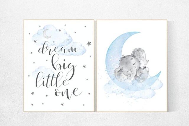 Elephant Nursery Art Print Baby Boy Room Decor, Cloud & Stars - image 1