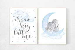Elephant Nursery Art Print Baby Boy Room Decor, Cloud & Stars - thumbnail 1