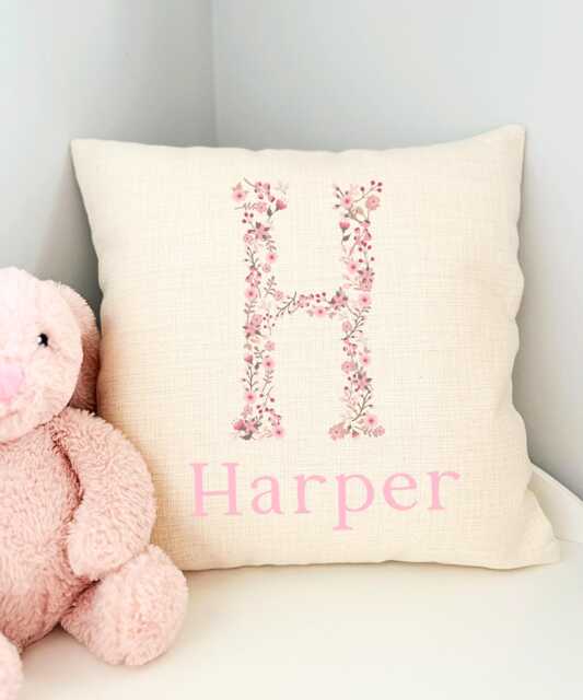 Floral Name Cushion, New Baby Nursery Cushion For Granddaughter, Bedroom Accessories, Personalised Girl - image 1