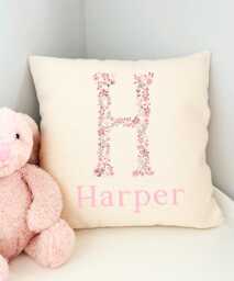 Floral Name Cushion, New Baby Nursery Cushion For Granddaughter, Bedroom Accessories, Personalised Girl - thumbnail 1