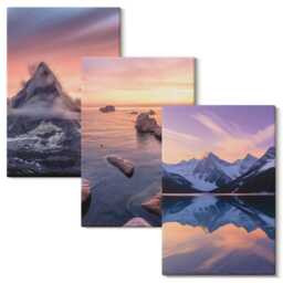 Canvas Art Set Of 3 - Landscapes Mountains, Lakes & Sunsets, Purple Print, Wall Decor - thumbnail 2