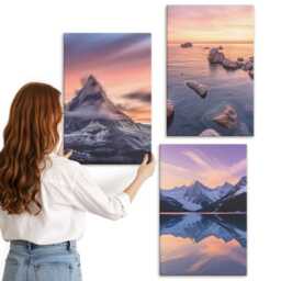Canvas Art Set Of 3 - Landscapes Mountains, Lakes & Sunsets, Purple Print, Wall Decor - thumbnail 3