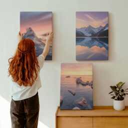 Canvas Art Set Of 3 - Landscapes Mountains, Lakes & Sunsets, Purple Print, Wall Decor