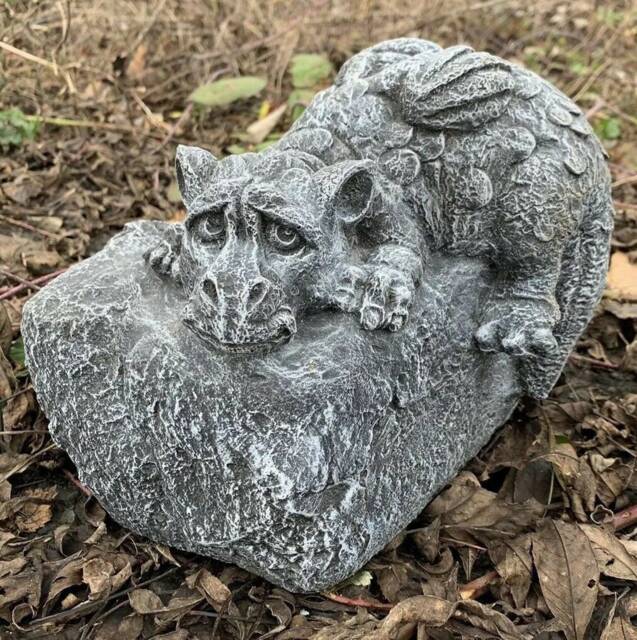 Stone Garden Dragon On A Rock Hand Cast Cute Statue Mythical Gothic Ornament - image 1
