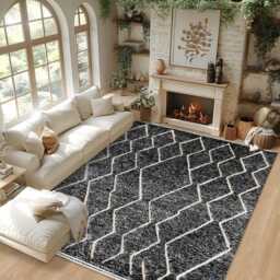Hand Tufted Black Moroccan Rug, Shag Custom Made Carpet, Large Area Berber Rug - thumbnail 2