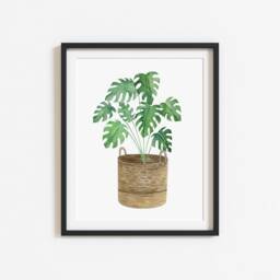 Monstera Plant Print Watercolour Green Leaves in Basket - Unframed - thumbnail 2