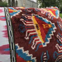 Silk Velvet Ikat Pillow Cover - Uzbek Accent Throw Lumbar Pillows - thumbnail 2