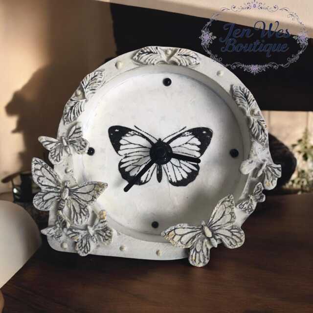 Decoupage Desk Clock Butterfly Reliefs, Stucco Decor - image 1