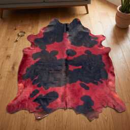 Red & Black Cowhide Rug - Genuine Dyed Leather Area Rug, Western Rustic Decor - thumbnail 1