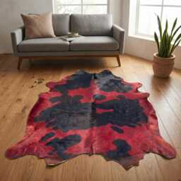 Red & Black Cowhide Rug - Genuine Dyed Leather Area Rug, Western Rustic Decor - thumbnail 4